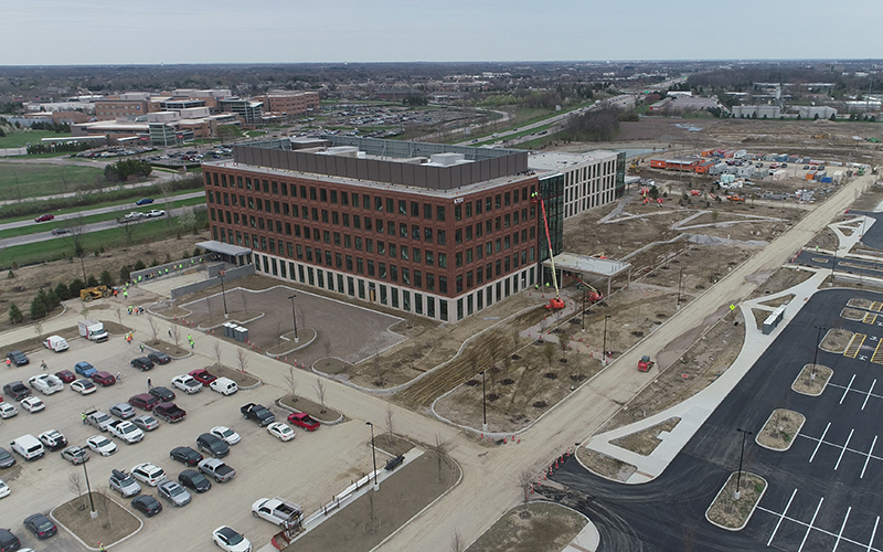 An aerial view of the building