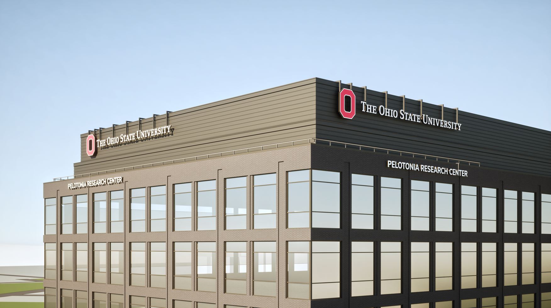 rendering of building with Pelotonia Research Center Sign
