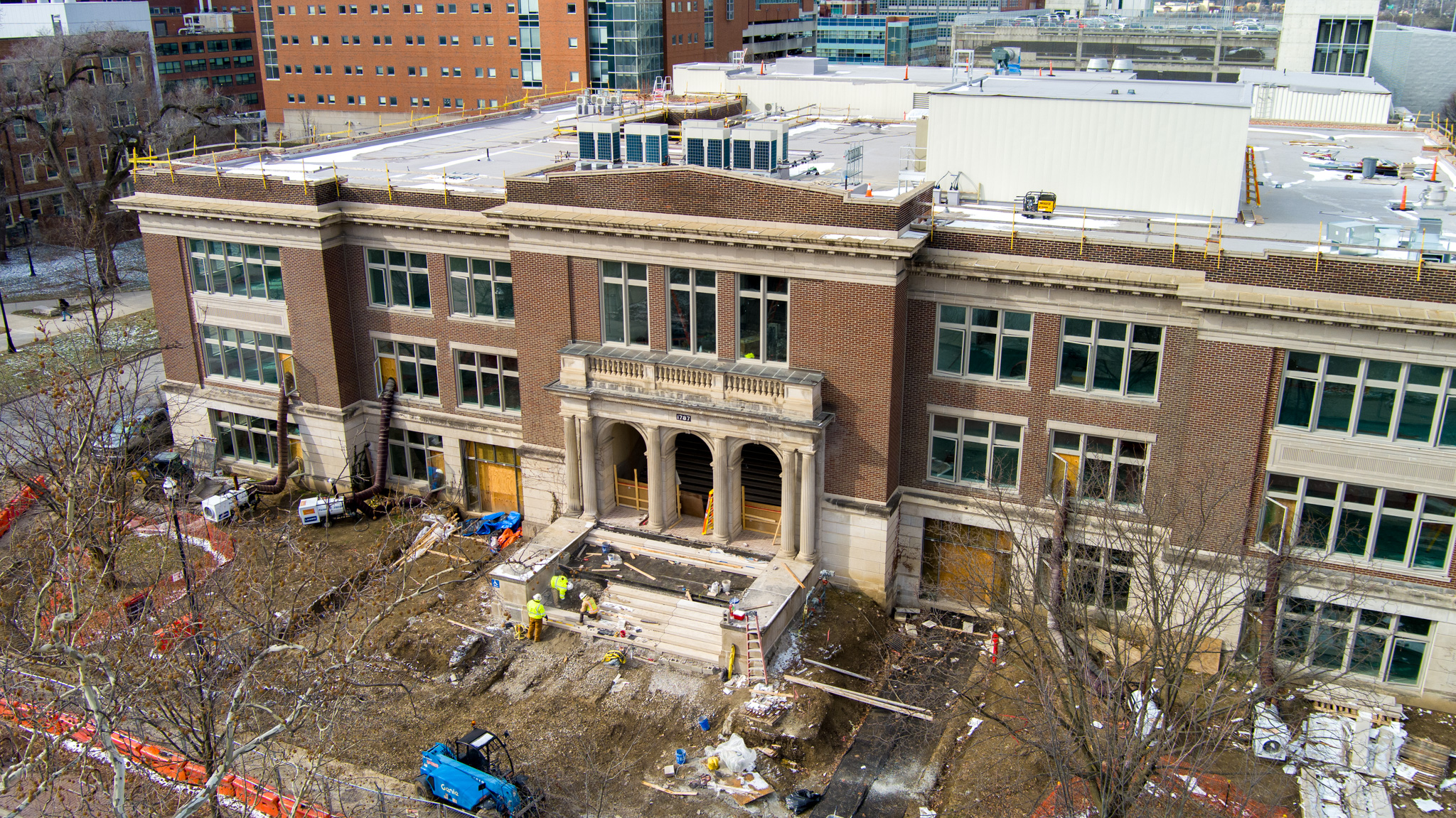 A view of Campbell Hall from a drone.