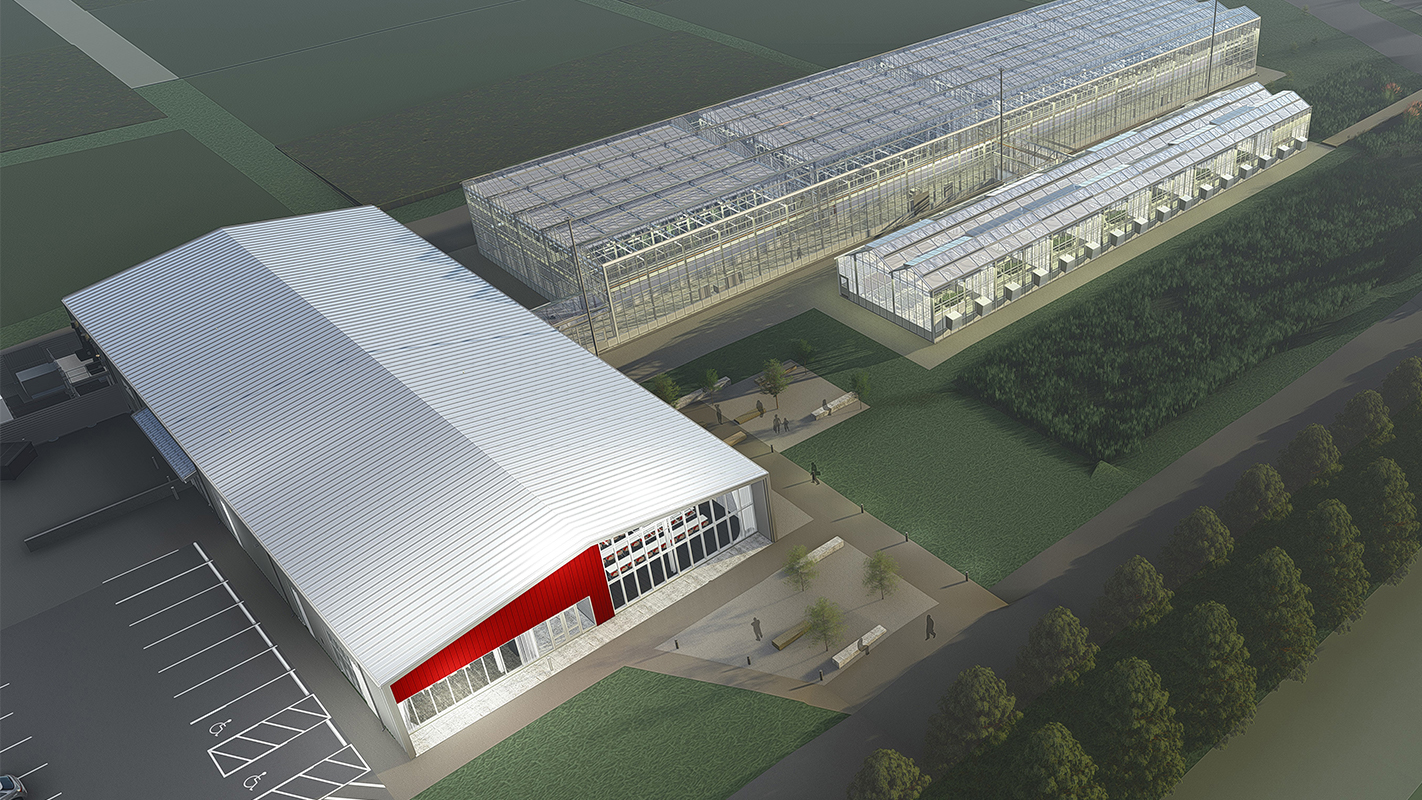 Aerial of the Controlled Environment Food Production Research Complex architectural drawing