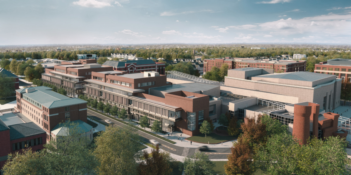 An aerial rendering of the Arts District
