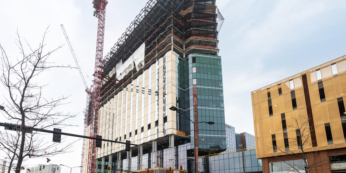 A view of the south end of the building. The parking garage and skybridge can be seen here.