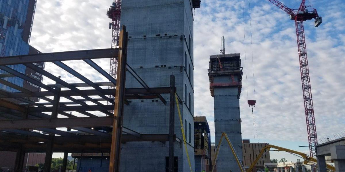 two elevator cores and steel beams at the inpatient hospital site
