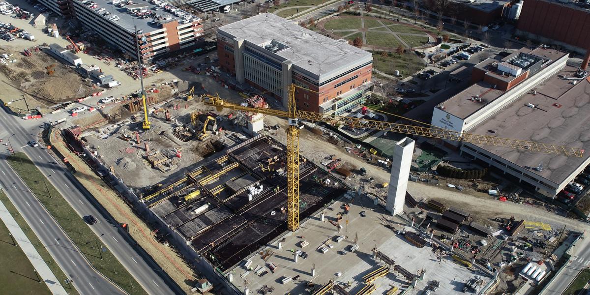 A drone image of the Inpatient Hospital Garage construction site. 