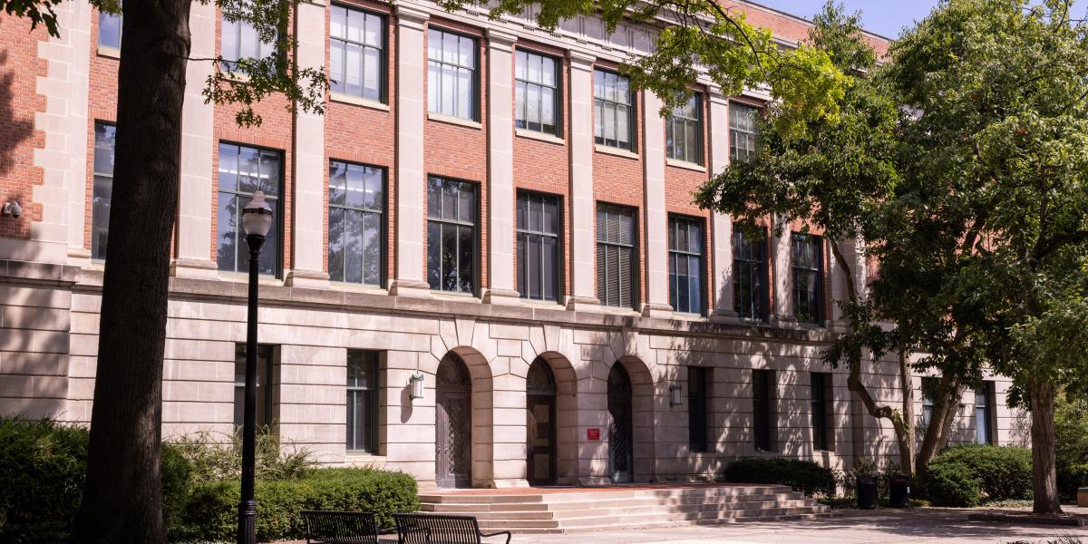 An exterior view of Bricker Hall in the summer.