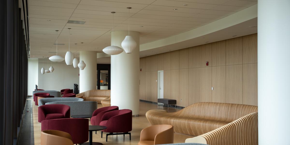 A view of a seating area with several different seating options.