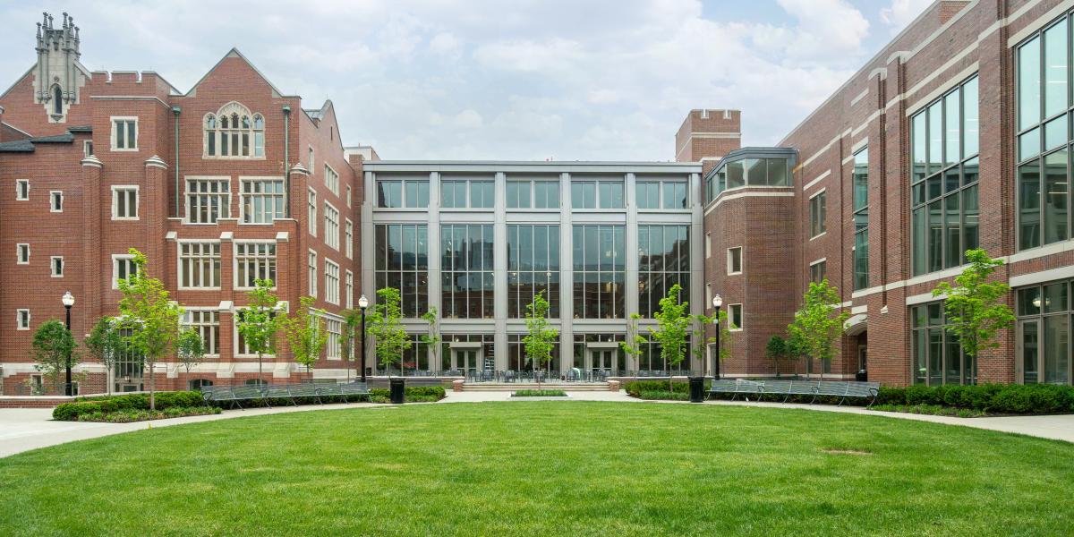 An exterior view of Hamilton Hall from the outside of the forum area.