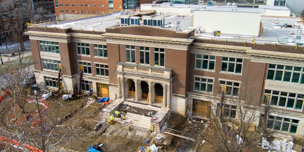 A view of Campbell Hall from a drone.