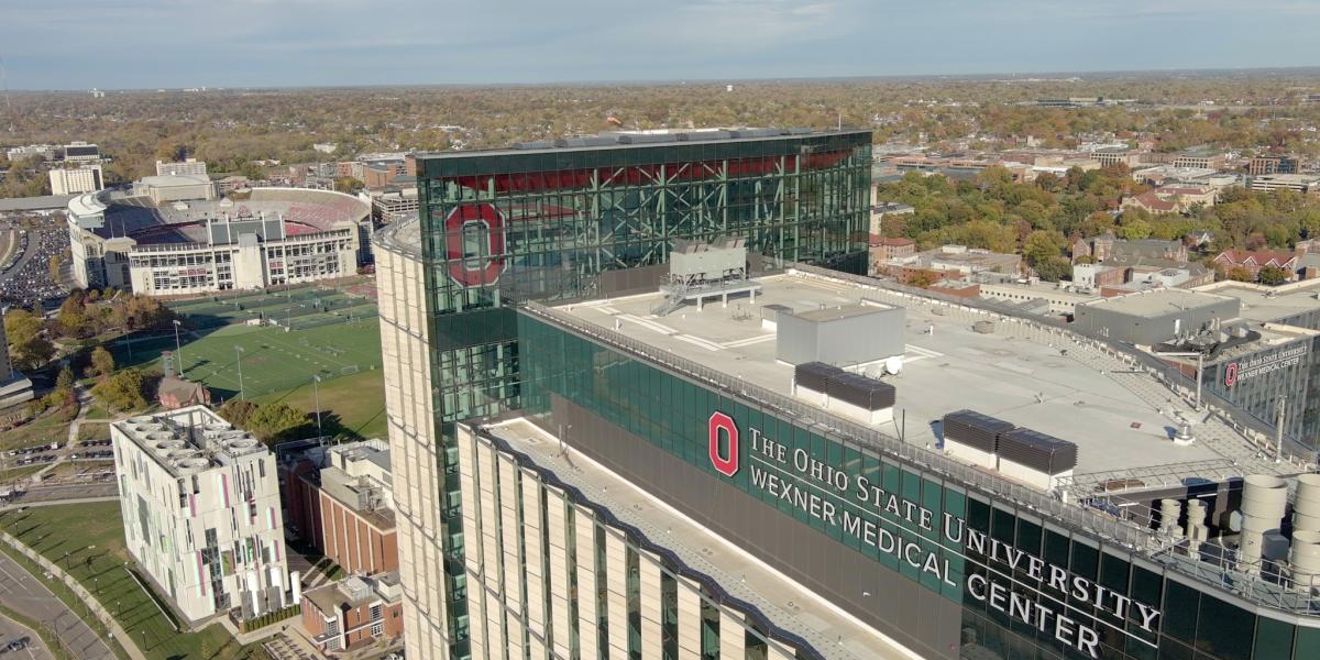 A view from a drone of the top of the new University Hospital.