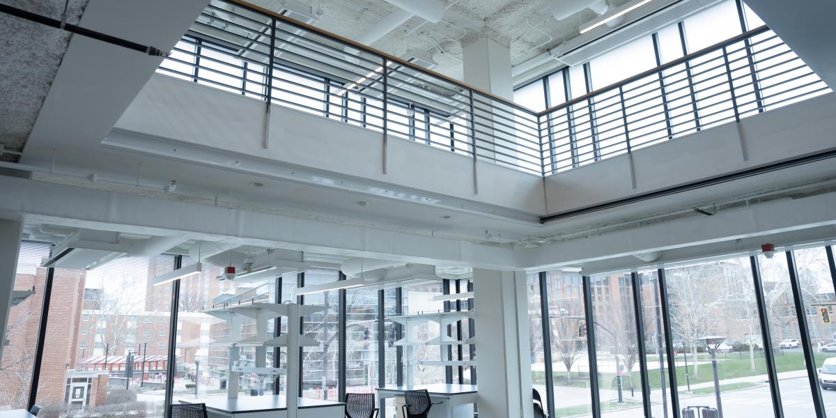 A view looking up to the observation deck from the first floor.