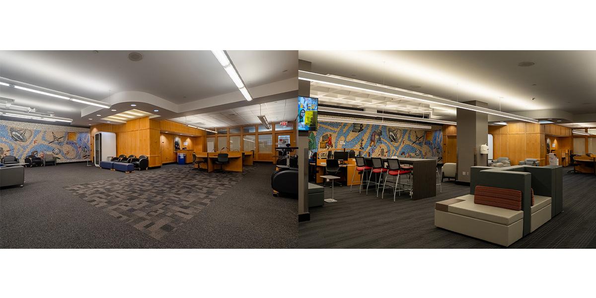 A before and after view of the space showing more furniture and different lighting, new paint on the walls and new carpet.