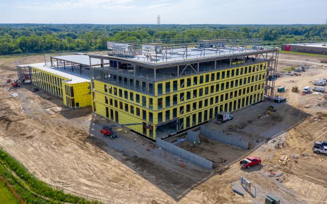 An aerial shot of the exterior of the building