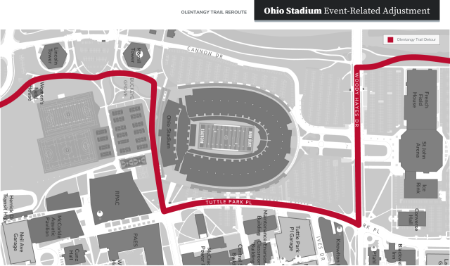 Olentangy Trail - Event-Related Adjustment map showing trail detour around Ohio Stadium