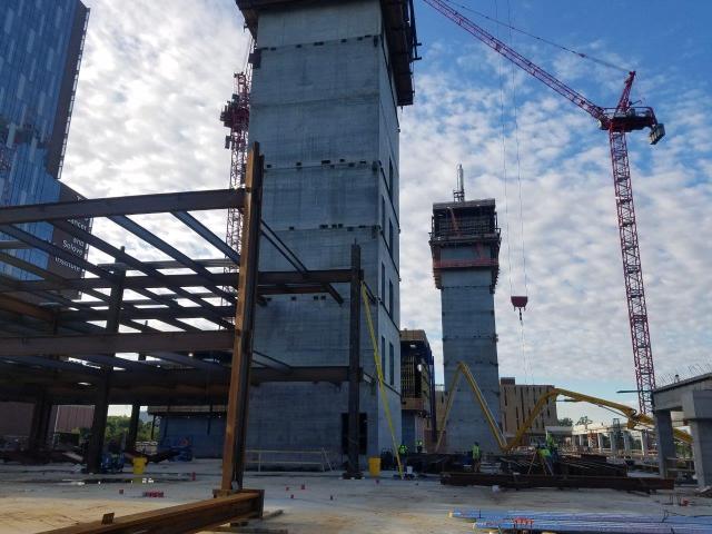 two elevator cores and steel beams at the inpatient hospital site