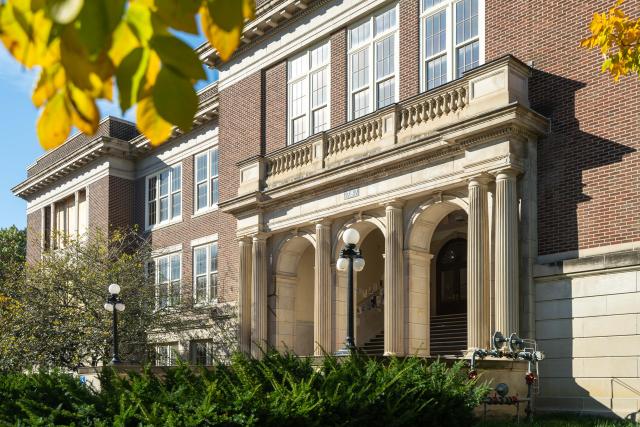 A view of the front entrance of Campbell Hall