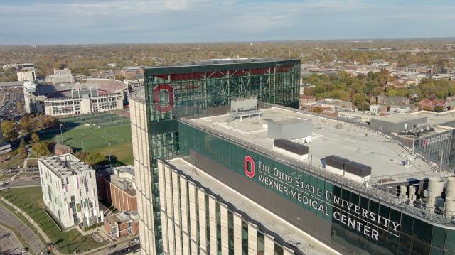 An aerial view of the hospital with Ohio Stadium seen in the background.