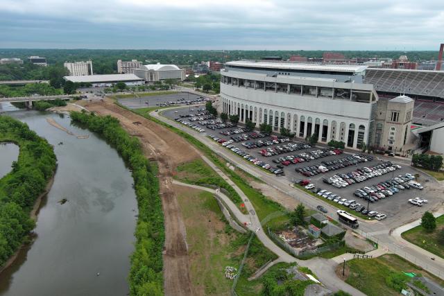 A view of the Cannon Drive project with Ohio Stadium seen on the right and the river on the left. The photo is from June 2023.
