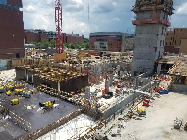 View of the middle elevator and stair tower progress of the Inpatient Hospital.