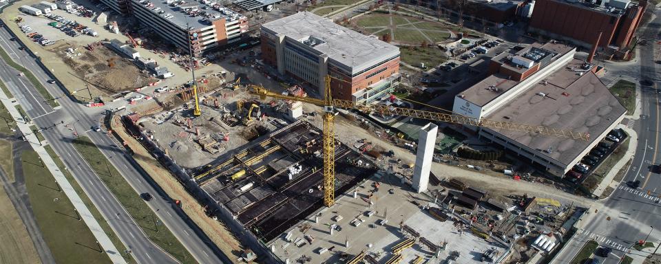 A drone image of the Inpatient Hospital Garage construction site.