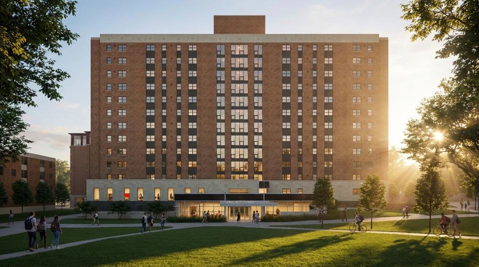 View of Drackett Tower facing north as sun rises to the east