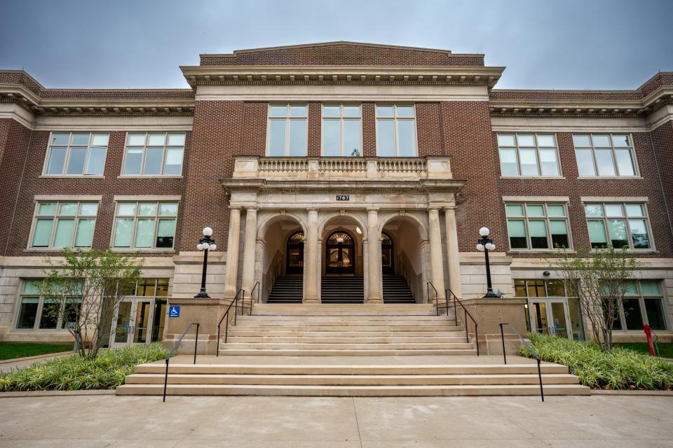 An exterior shot of Campbell Hall where the front steps can be seen.