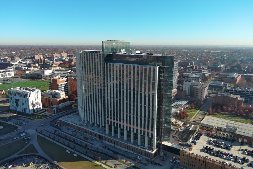 A view of the exterior of the inpatient tower from a drone.